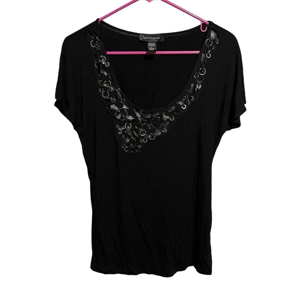 Cable & Gauge L Black Silver Ring Vneck Accent Short Sleeve Top Shirt Stretch